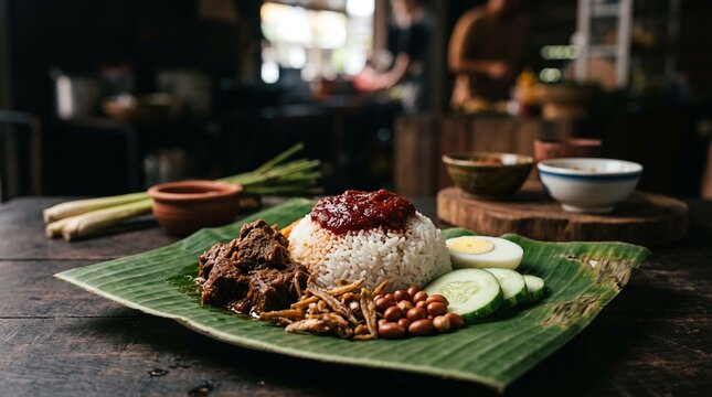 Nasi lemak serving featuring spicy beef rendang and fresh cucumber slices on a green banana leaf
