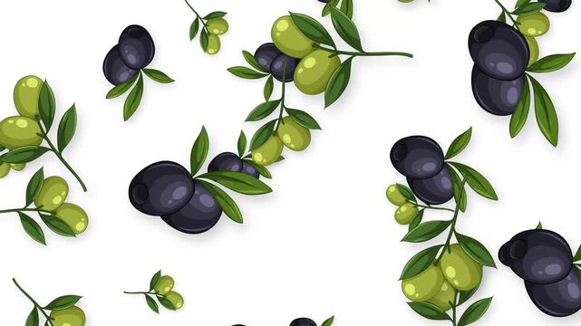 Animated Falling Green and Black Olives on White Background