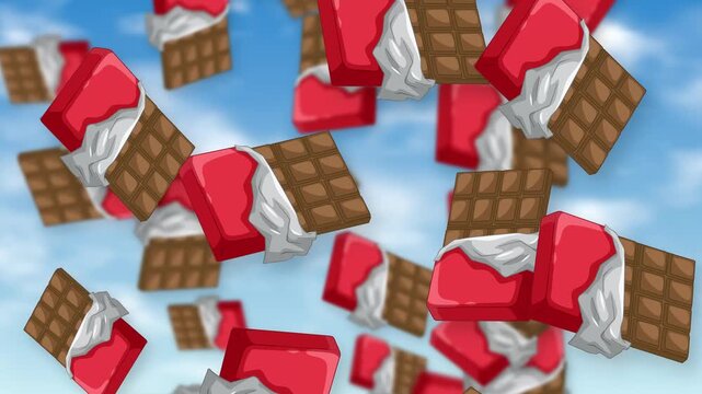 Animated Chocolate Bars with Red Wrappers Falling Against Blue Sky
