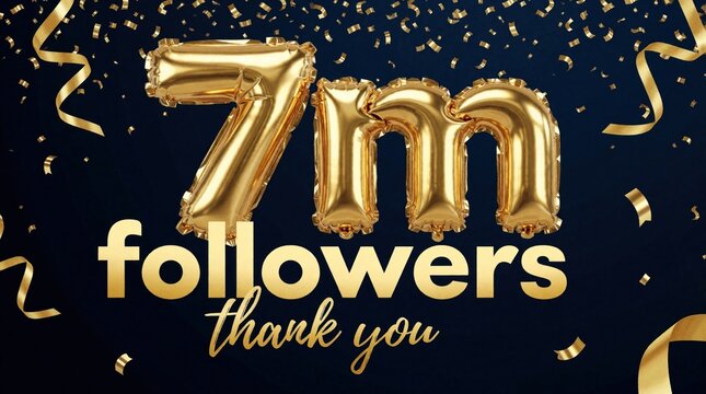 Gold balloons form 7m with confetti and ribbons celebrating follower milestone. Social media thank you banner for community appreciation event or campaign success.