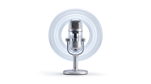 Professional silver studio microphone with abstract circular sound wave rings against a clean white minimalist background