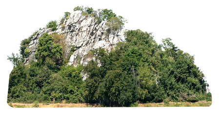 Obraz premium Rocky mountain peak covered with lush green trees and dense vegetation isolated. High resolution cliff and foliage cut out for landscape design and architectural compositing.