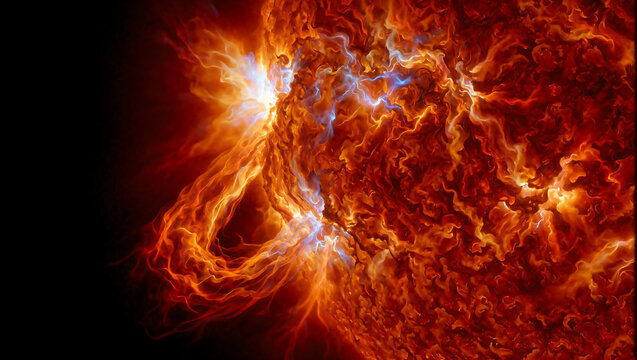Massive solar flare and coronal mass ejection on the sun surface, powerful cosmic energy concept