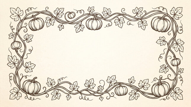 Elegant vintage border design featuring intertwining vines and pumpkins, perfect for autumn-themed invitations, cards, or decorative print projects.