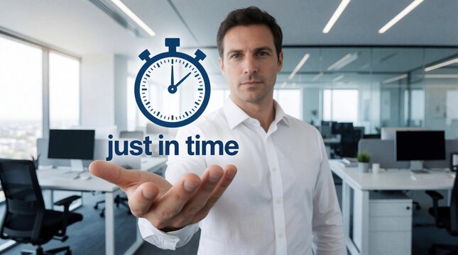 Man in white shirt holds stopwatch graphic for just in time concept. Modern office interior with desks and computers. Pro shows concept for business efficiency and punctuality.