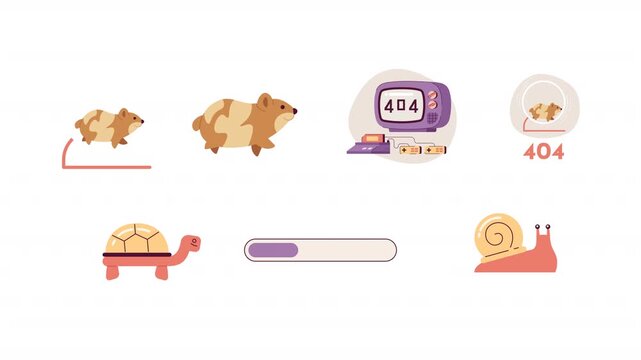 Slow and cute animals with 404 progress bar cartoon animation pack. Snail and turtle loading state. Retro console. Hamster wheel error animated flat 4K video collection on transparent background