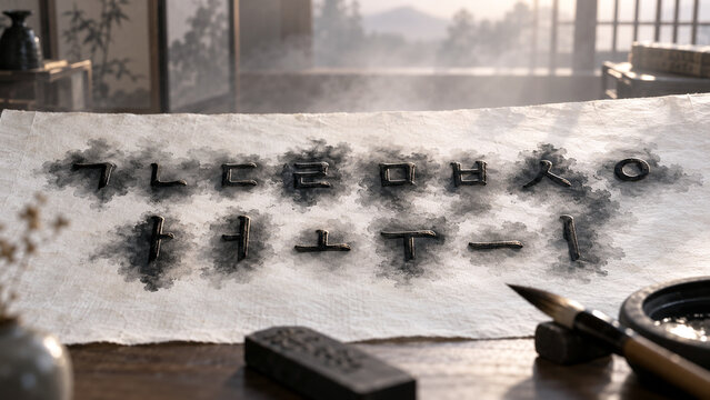 전통 한지에 번지는 먹 사이로 훈민정음의 자음과 모음이 입체적으로 떠오르는 장면을 표현한 이미지.