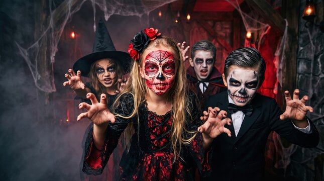 Three Halloween scary costumed children with skull face paint pose menacingly in a smoky haunted house with cobwebs and dim lights.