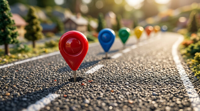 Colorful map pins on asphalt road, miniature village background