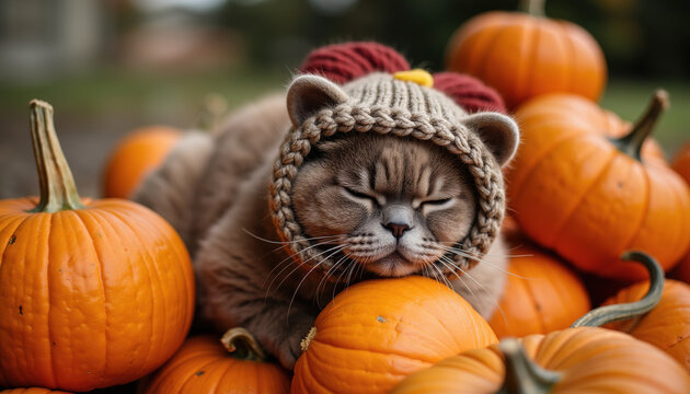 Cute Sleeping Cat Wearing Knit Bonnet Hat Resting on Fresh Orange Pumpkins in Autumn Harvest