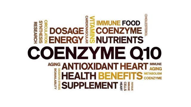 Coenzyme Q10 animated word cloud-CoQ10 text design animation tag kinetic typography seamless loop.