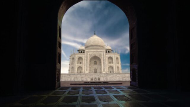 Taj Mahal Marble Mausoleum Framed Through an Arch in Agra, India. Taj Mahal UNESCO World Heritage Monument in Agra, India. 