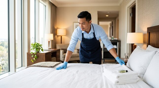 Maid cleaner, hotel housekeeper in uniform and gloves making a bed with clean white linens; folded towels and toiletries on the mattress. Professional hotel room cleaning staff.