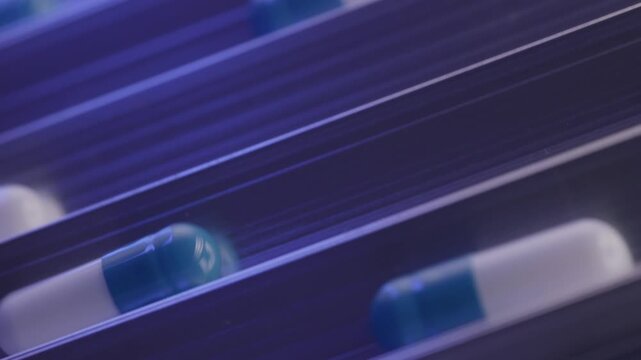 Closeup diagonal rows of blue and white capsules in medical steel conveyor at pharmaceutical factory, top view.
