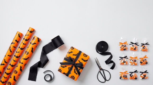 Halloween Gift Wrapping Supplies with Orange Paper, Black Ribbon, Scissors, and Decorative Stickers on a White Background