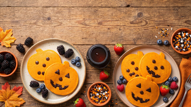 Festive Halloween Pancakes Decorated with Fruit and Sprinkles on Rustic Wooden Table, Perfect for Autumn Celebrations and Family Gatherings