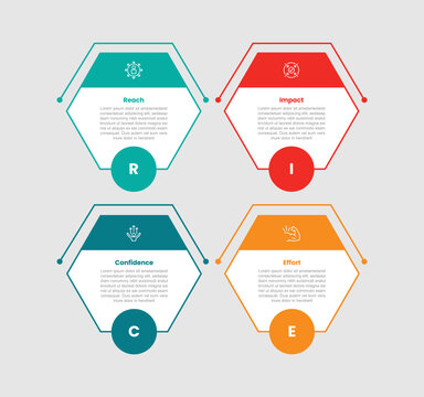 rice infographic template with four hexagon trapezoid band circle badge staggered, flat style