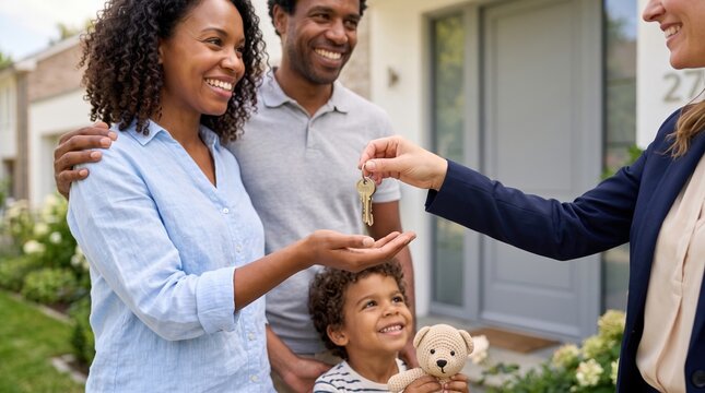 Smiling family with young child outside a home, receiving house keys from a realtor during a handover. Real Estate property agent gives keys from mortgage home.