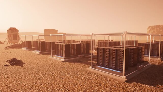 3d rendering data center on mars with server racks for interplanetary computing 4k footage