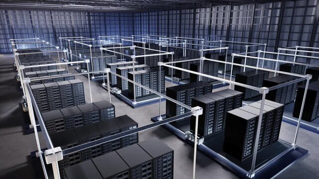 3d rendering data center interior or server room inside full with racks 4k footage