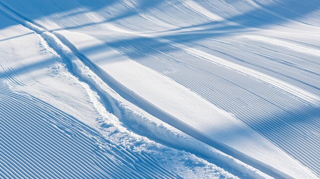 Overhead view of fresh ski tracks carving through corduroy snow on sunlit slope