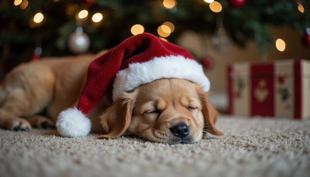 Adorable Golden Retriever Puppy Wearing Santa Hat Sleeping on Carpet under Christmas Tree Lights