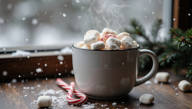 Hot Chocolate Mug Topped with Marshmallows and Candy Cane on Wooden Sill during Winter Snowfall