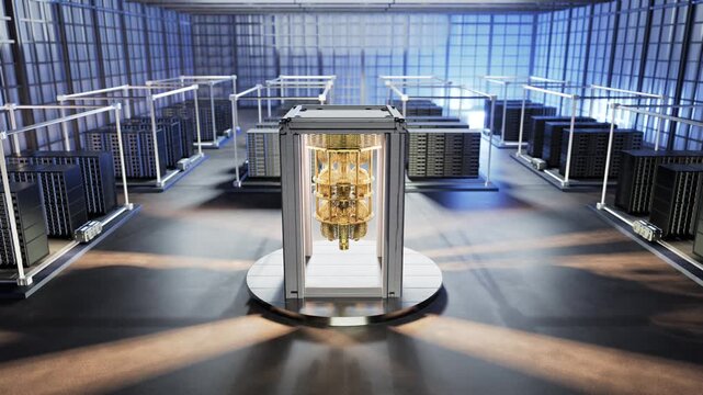 3d rendering quantum server network with quantum computer machine in server room 4k footage