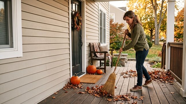 Woman sweeping dry autumn leaves off porch with Halloween pumpkins