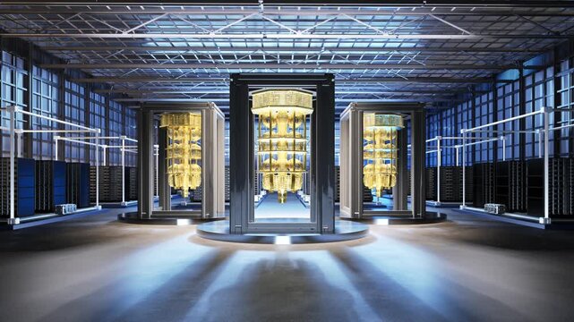 3d rendering quantum server network with quantum computer machine in server room 4k footage