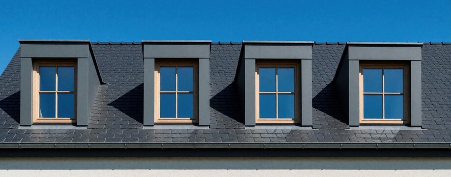 Four dormer windows with wood frames punctuate a dark slate roof against a clear blue sky. These attic windows add symmetrical light and modern design elements to the house exterior.
