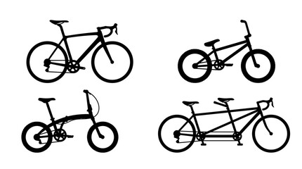 Fototapeta premium Bicycle silhouette icon collection featuring road BMX folding and tandem bikes