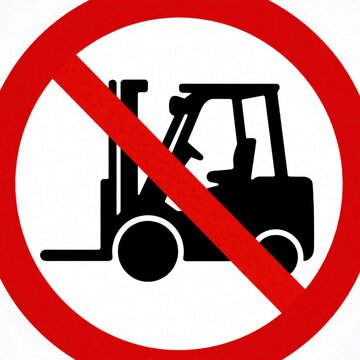 Red prohibition sign shows forklift icon with diagonal slash. Warning symbol forbids industrial vehicle in specific zone. Safety sign prevents heavy loader access to warehouse factory area. No