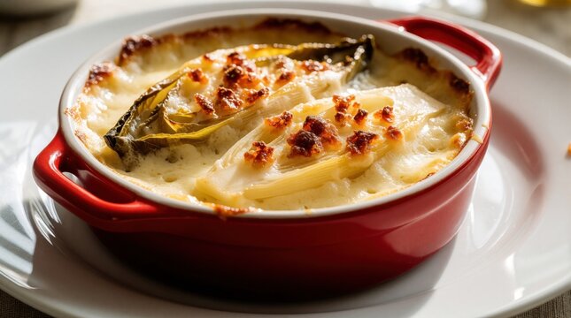 Baked endive gratin served in red dish. Creamy cheese sauce covers the tender vegetable, topped with crispy crumbs. Comforting, savory dish for any meal.