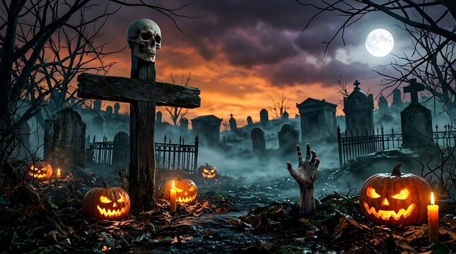 Spooky glowing jack o lanterns sitting within a dark misty graveyard under a full moon night