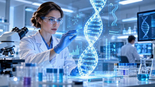 Scientist examining a futuristic digital DNA model in a modern biotechnology laboratory, surrounded by laboratory equipment, test tubes and genomic data interfaces
