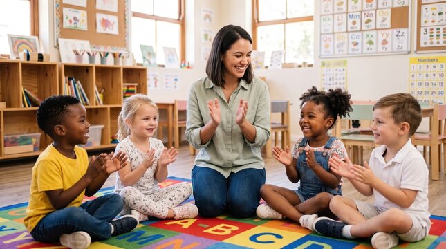 Teacher claps and smiles with four young children seated on an alphabet carpet in a bright classroom; shelves, books, posters, and learning charts decorate the room
