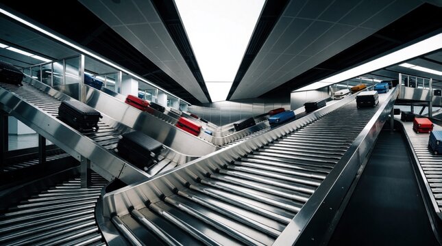 Modern airport baggage handling system with metallic rollers, conveyor belts. Luggage travels on automated sorting lines inside busy terminal. Industrial transport equipment moves suitcases through