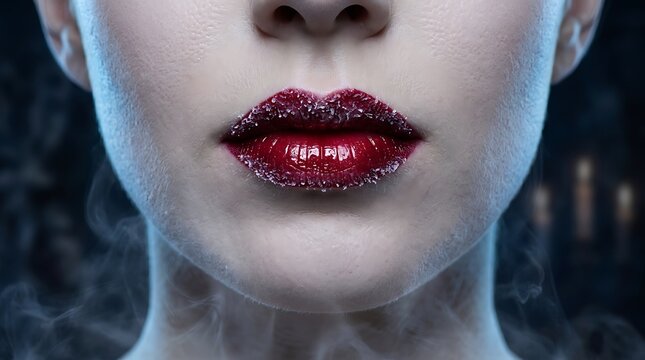 Close up of a woman's face with lips dissolving into a digital glitch effect