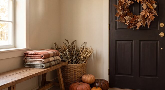 Country Porch Decorated With Pumpkins In Autumn
