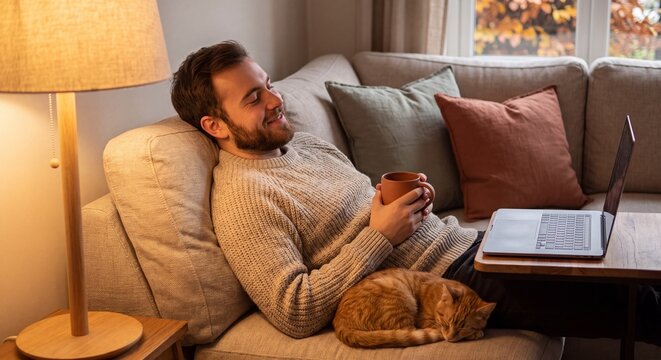 Relaxed Man With Ginger Cat And Laptop On Cozy Sofa