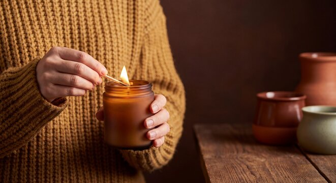 Woman Lighting a Scented Candle With a Match at Home