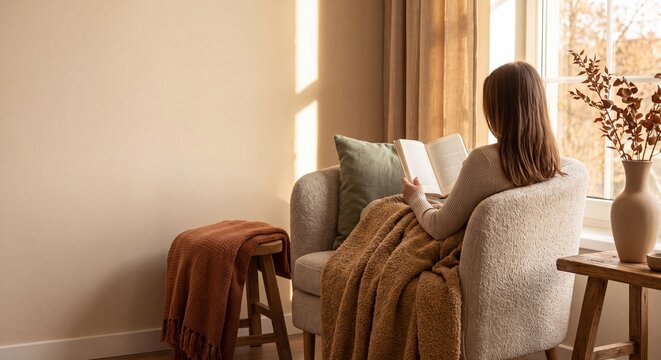 Woman Reading Book in Cozy Armchair by Sunny Window