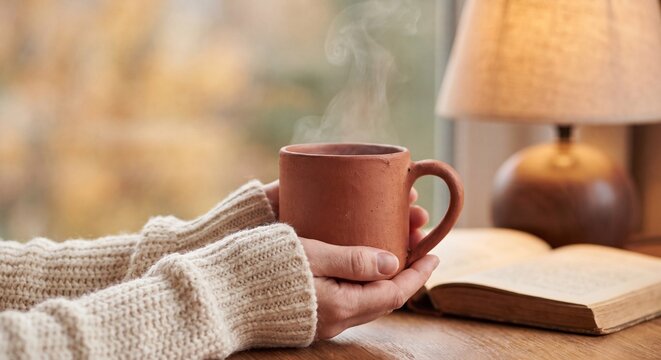 Hands Holding Steaming Clay Mug in Cozy Reading Nook
