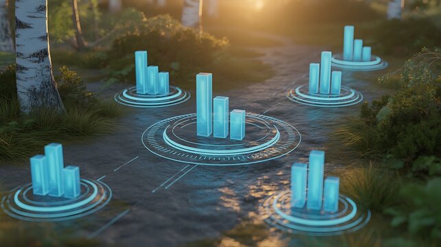 Decentralized glowing data nodes show ecosystem market variations.
