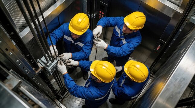 Men in blue overalls and yellow helmets work inside elevator shaft fixing cables. Technicians perform maintenance on lift machinery. Teamwork in industrial building.