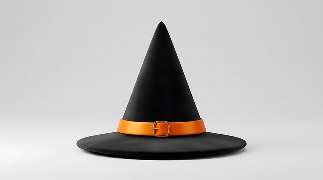Black witch hat featuring bright orange band and golden buckle isolated on white studio background