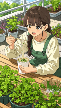 Vertical anime illustration of a woman lifting noodles from a ramen cup at a balcony vegetable garden table filled with fresh green seedlings，新鮮な緑の苗が並ぶベランダ菜園のテーブルでラーメンカップから麺を持ち上げる女性 縦型アニメイラスト