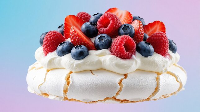Meringue dessert piled high with fresh cream and mixed berries like strawberries raspberries and blueberries. This sweet treat looks delicious and is perfect for celebrations.