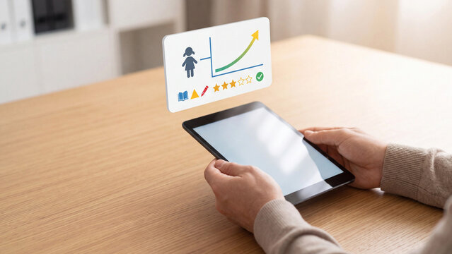 Student progress report and child learning assessment. Hands holding tablet with hologram growth chart, star rating and book icon for school grade tracking, education result and review